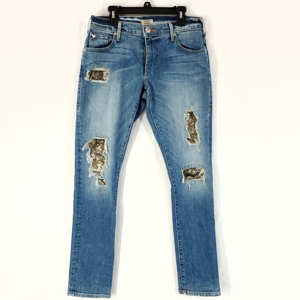 True Religion Audrey Low Rise Jeans Womens 24 Slim Boyfriend Distressed Sequin